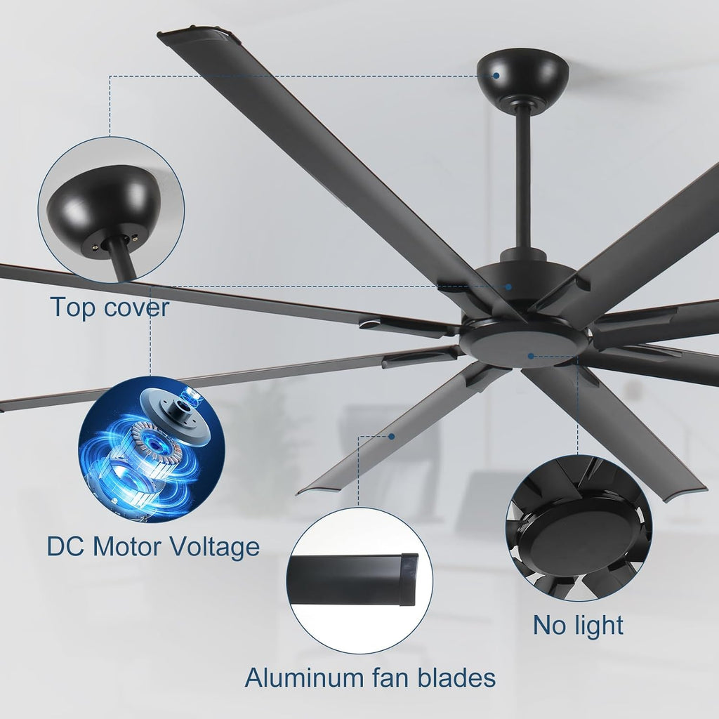 72' Industrial Ceiling Fan with Remote - 8 Blade Aluminum, 9,500 CFM Airflow, Quiet DC Motor, Indoor/Outdoor, 3 Downrods, Black Commercial Fan for Garage/Warehouse/Patio