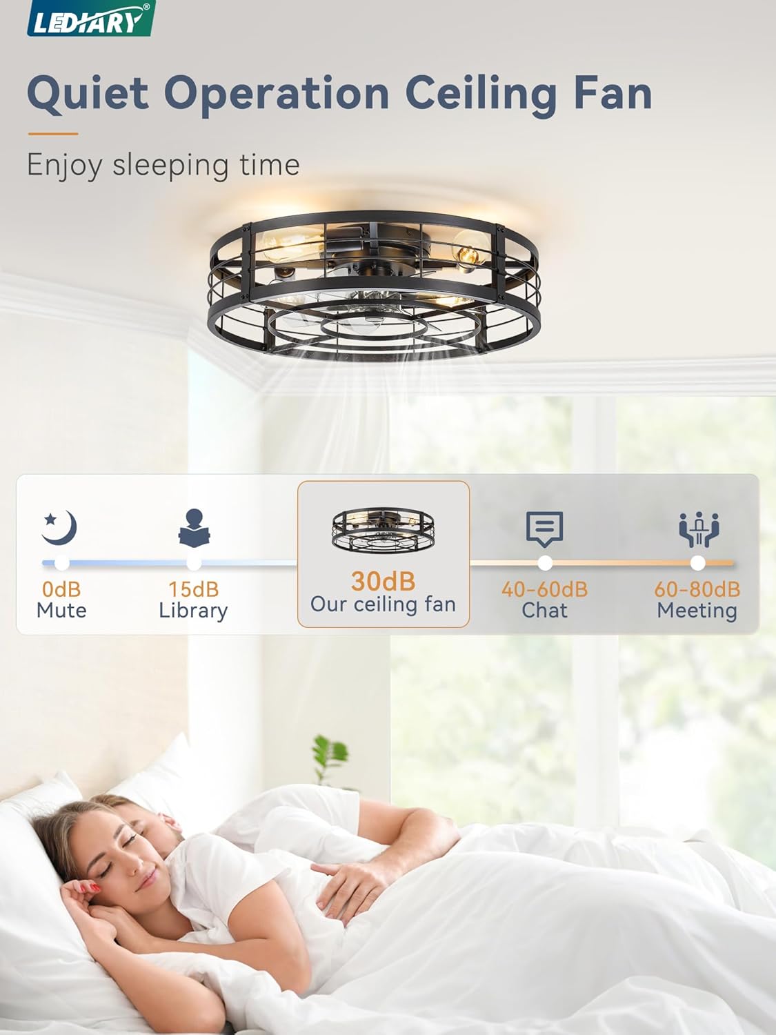 LEDIARY 23' Caged Ceiling Fan with Light and Remote, Low Profile Flush Mount Fandelier, Black Bladeless Enclosed Small Fan Lights Ceiling Fixtures, Rustic Farmhouse Style for Bedroom, Outdoor