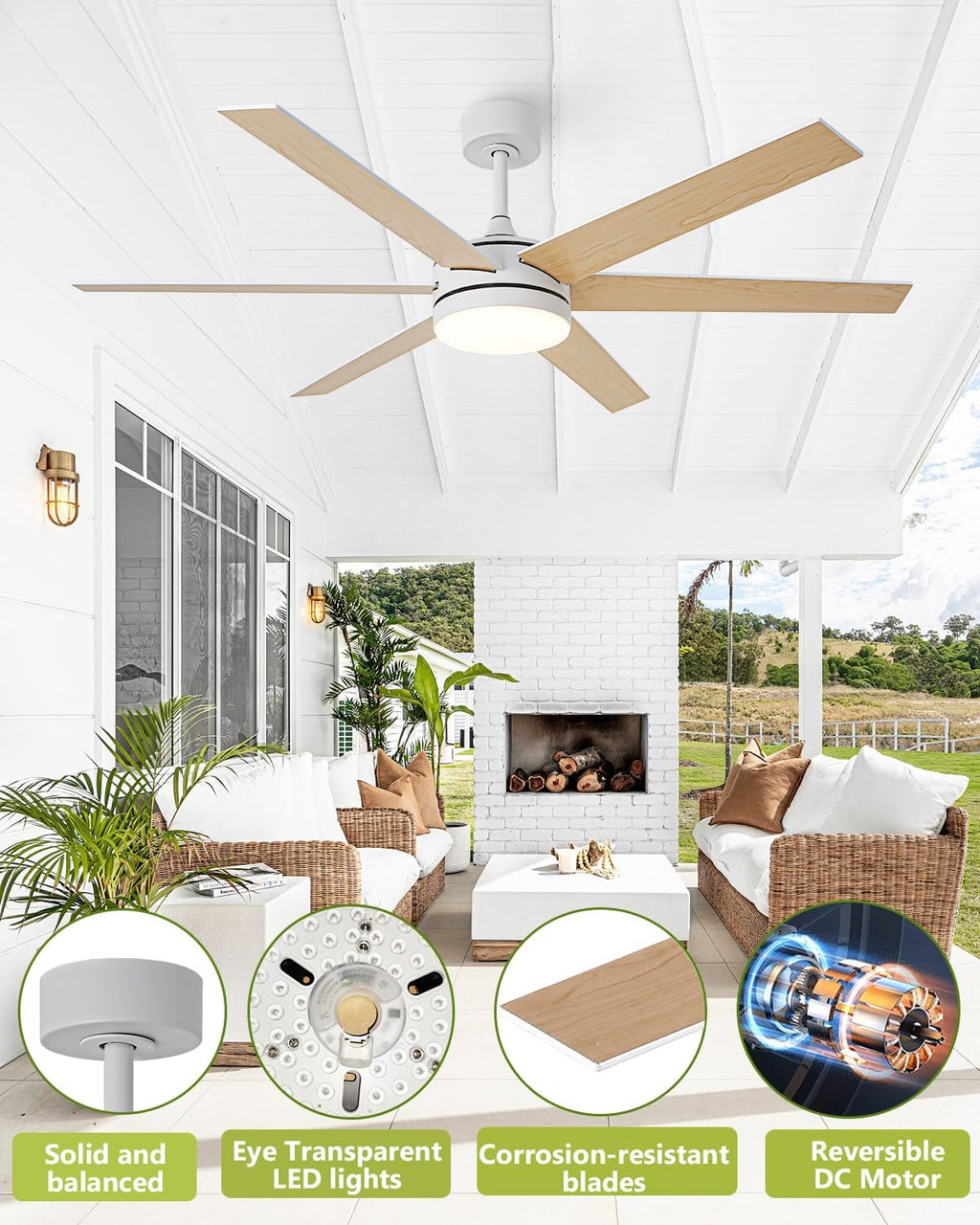 60 Inch Ceiling Fans with Lights and Remote, Indoor Outdoor Modern White Ceiling Fan with Light, Reversible DC Motor Dual-Sided Blades, 3CCT, Large Farmhouse Ceiling Fan for Living Room Bedroom