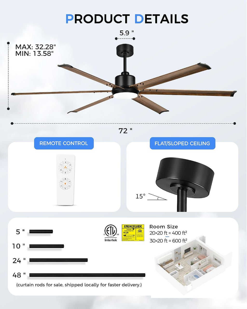 72 Inch Ceiling Fan with Light, Industrial Aluminum Blades, DC Motor 6 Speed Reversible,Covered Outdoor Patio Garage,Black & Walnut,CF06WD-72