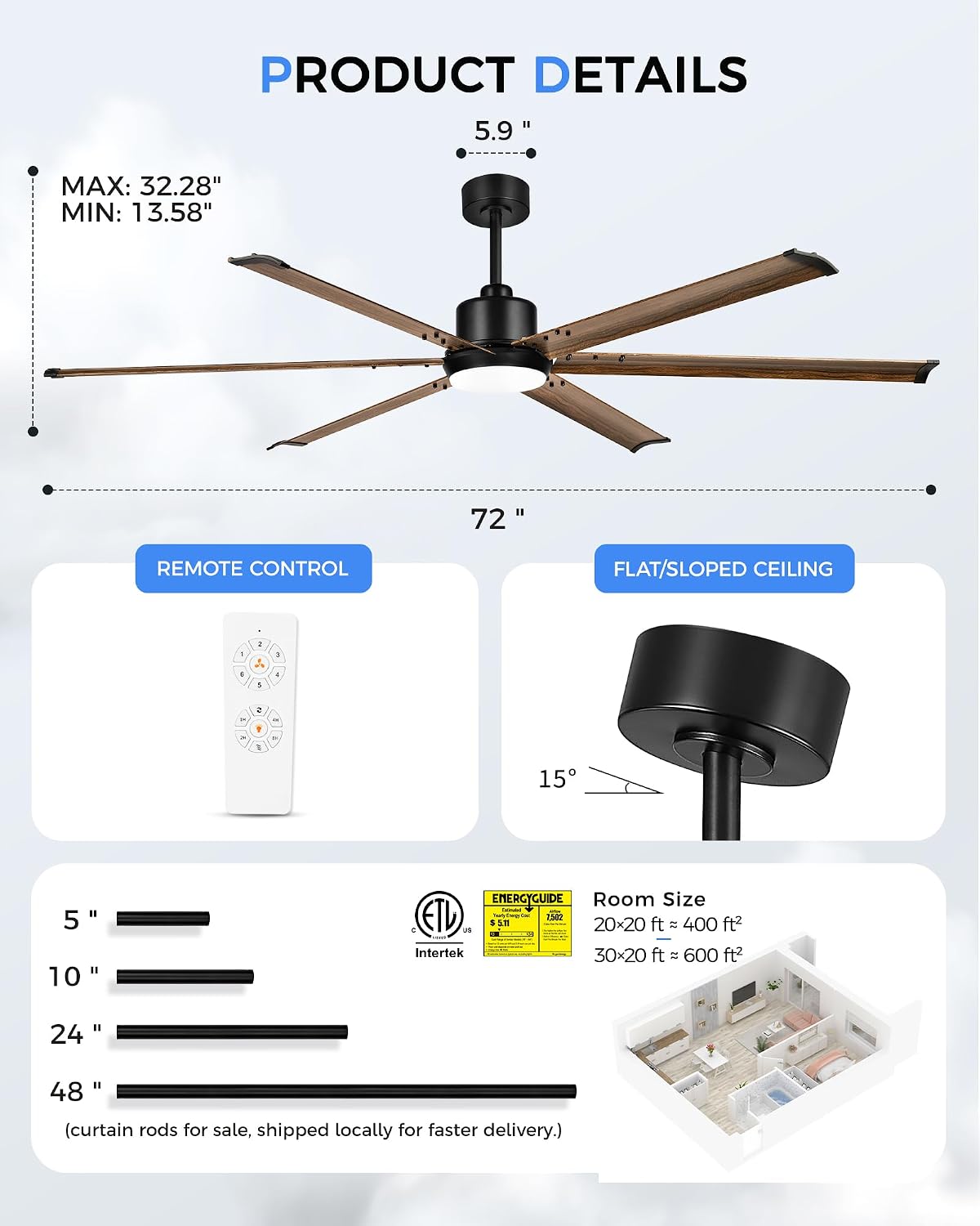 72 Inch Ceiling Fan with Light, Industrial Aluminum Blades, DC Motor 6 Speed Reversible,Covered Outdoor Patio Garage,Black & Walnut,CF06WD-72