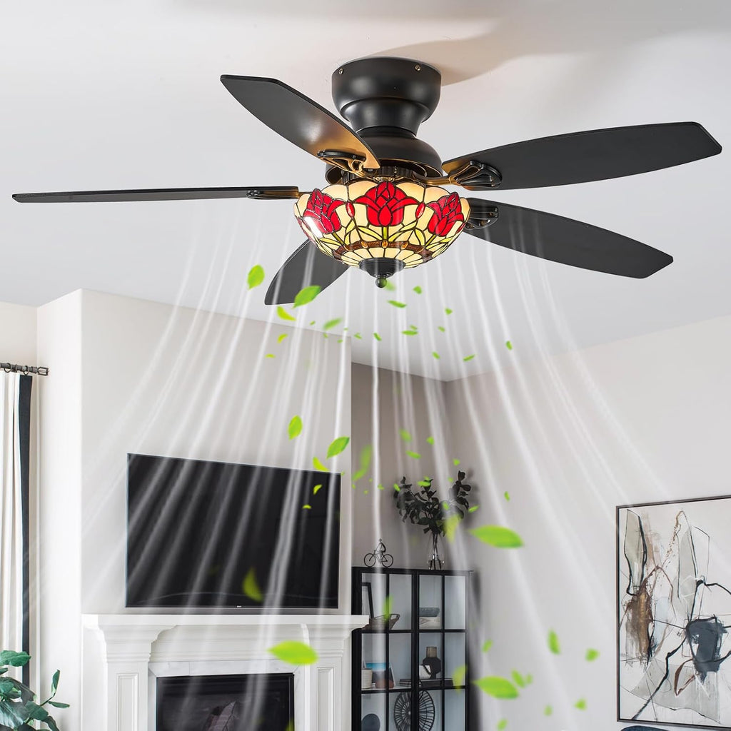 Tiffany Ceiling Fans with Lights - 48' Ceiling Fan Chandelier with 5 Dual-Blades and Glass Shade, 6 Speeds and Reversible, Indoor and Outdoor, Retro Style
