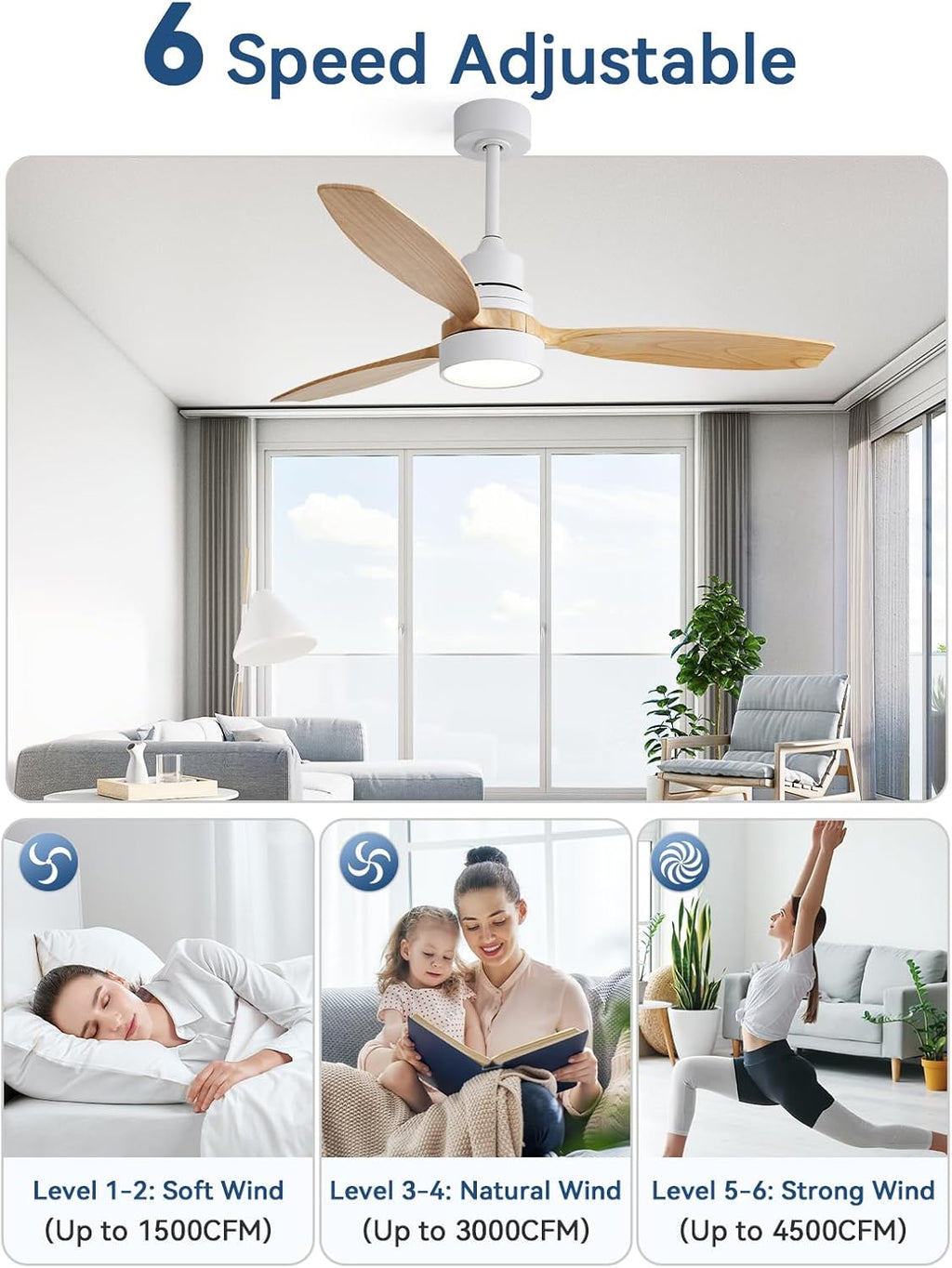 Sofucor Ceiling Fan with Lights, 52 Inch Modern Wood Ceiling Fan with Remote for Indoor Farmhouse Bedroom Living Room Outdoor Patio Porch, Reversible DC Motor, Noiseless