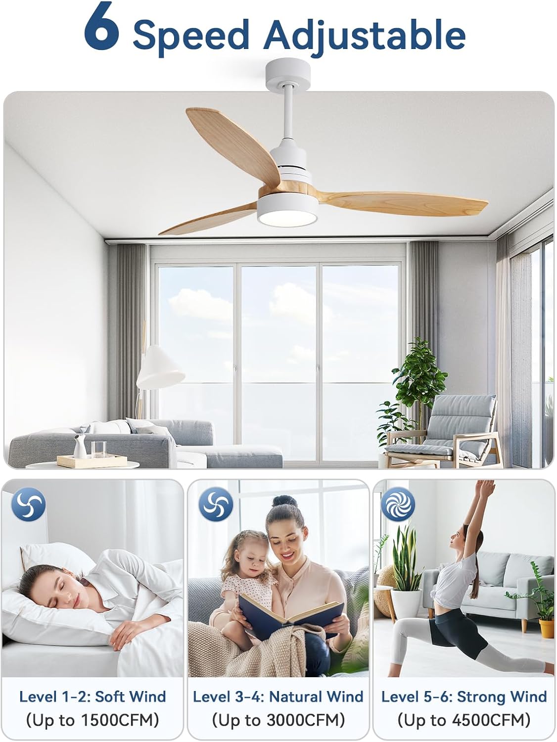 Sofucor Ceiling Fan with Lights, 52 Inch Modern Wood Ceiling Fan with Remote for Indoor Farmhouse Bedroom Living Room Outdoor Patio Porch, Reversible DC Motor, Noiseless