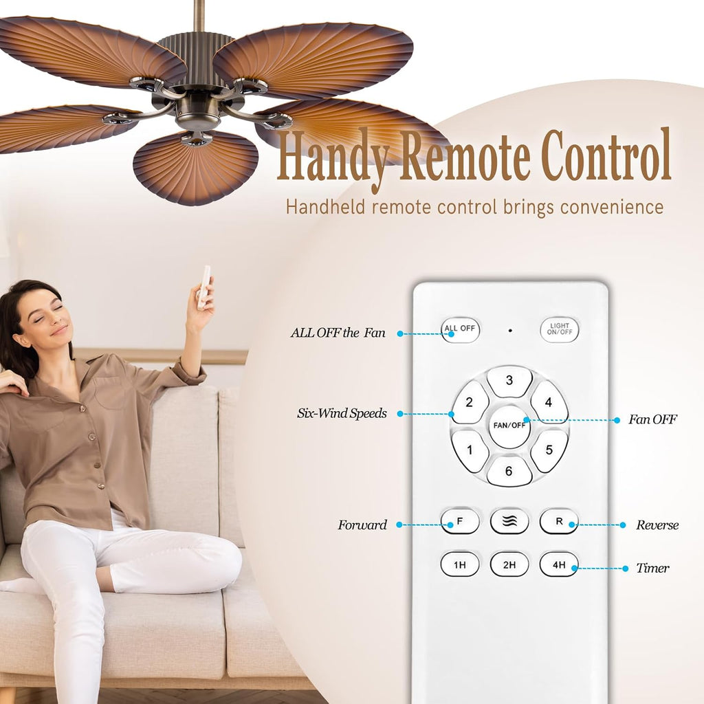 52inch Ceiling Fan Palm Island 5 Palm Leaf Blades No Light Remote Control Timer 6 Speeds Quiet DC Ceiling Fans Tropical Style Ceiling Fans Indoor Outdoor (Bronze+Coffee)