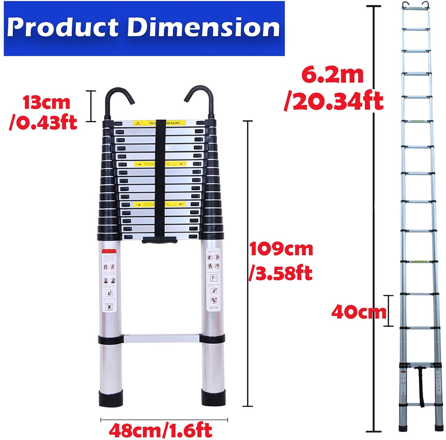Telescoping Ladder Aluminum 20.3FT 6.2m Extension Ladder with Detachable Hooks, EN131 Standard 330lbs Load Capacity, Adjustable Height Portable Home Step Ladder Weights 36lbs