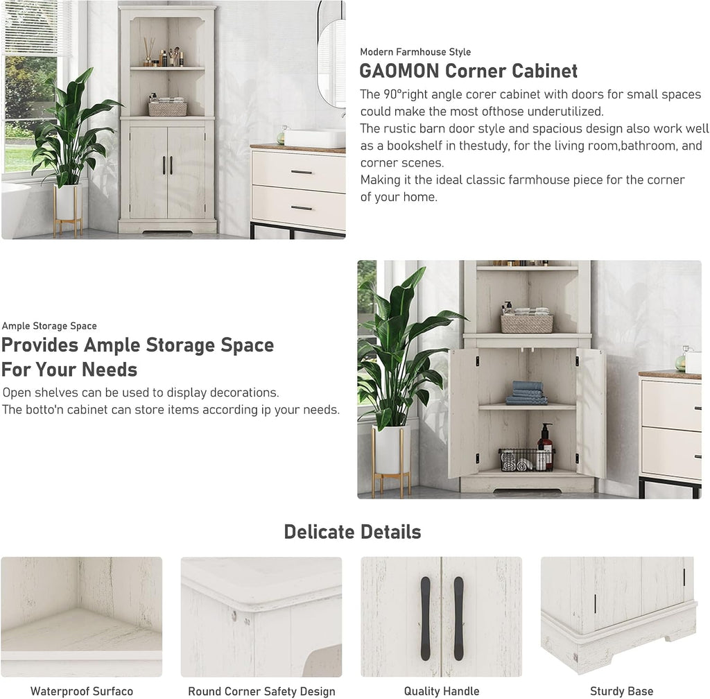 KEIKI Tall Corner Cabinet with Open Shelves and Concealed Storage, Space-Saving Design for Living Room, Bathroom, and Bedroom - Wood Grain Beige