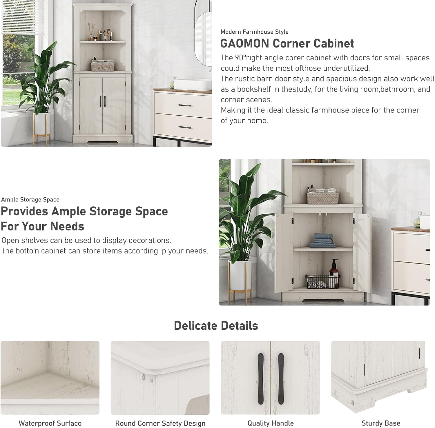KEIKI Tall Corner Cabinet with Open Shelves and Concealed Storage, Space-Saving Design for Living Room, Bathroom, and Bedroom - Wood Grain Beige