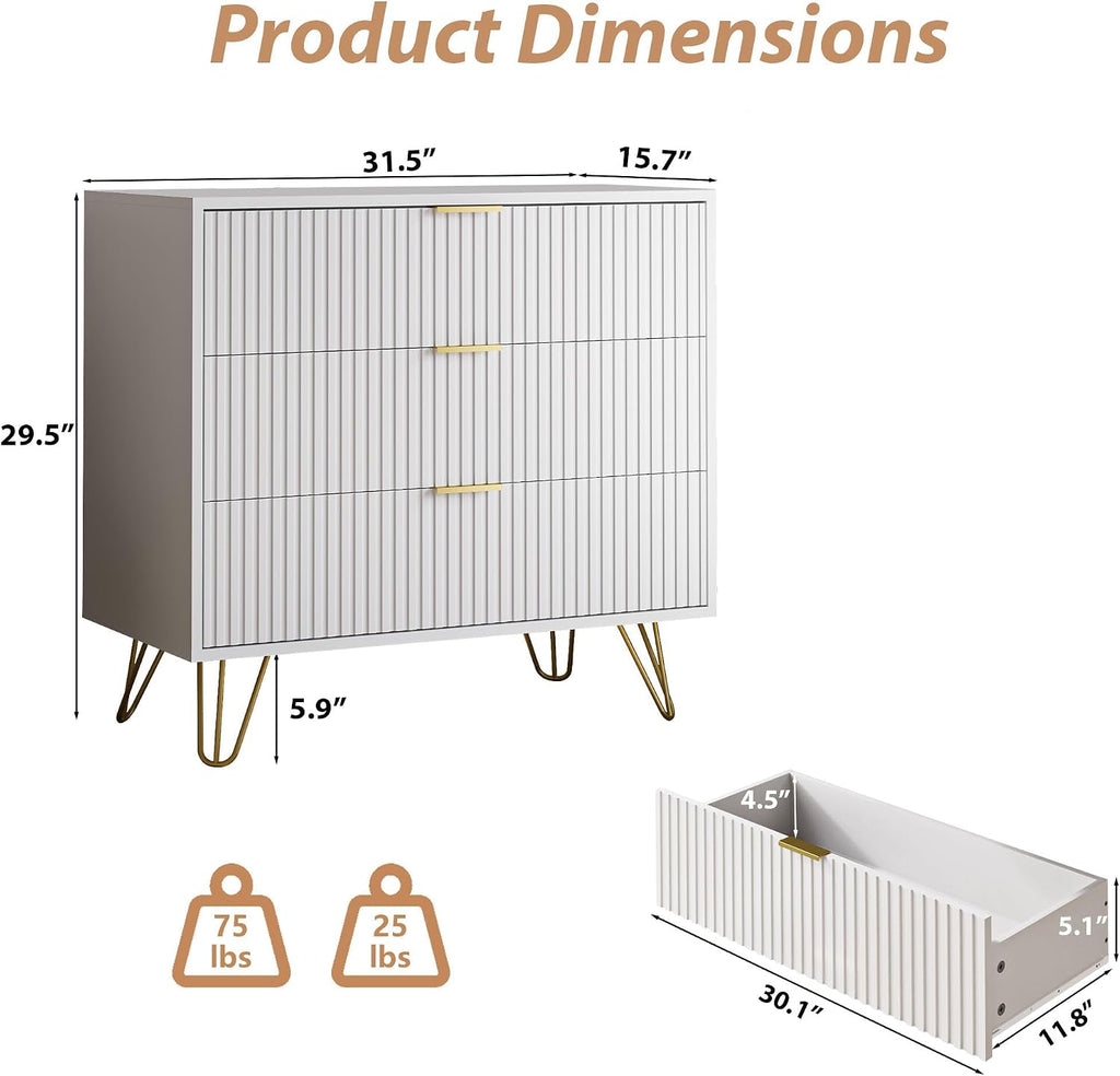 MAISONARIA White 3 Drawer Dresser for Bedroom, Modern Closet Dressers Chest of Drawers, Fluted Dresser Chest Cabinet with Gold Metal Handles, Nightstand for Bedroom, Living Room, Hallway, Entryway