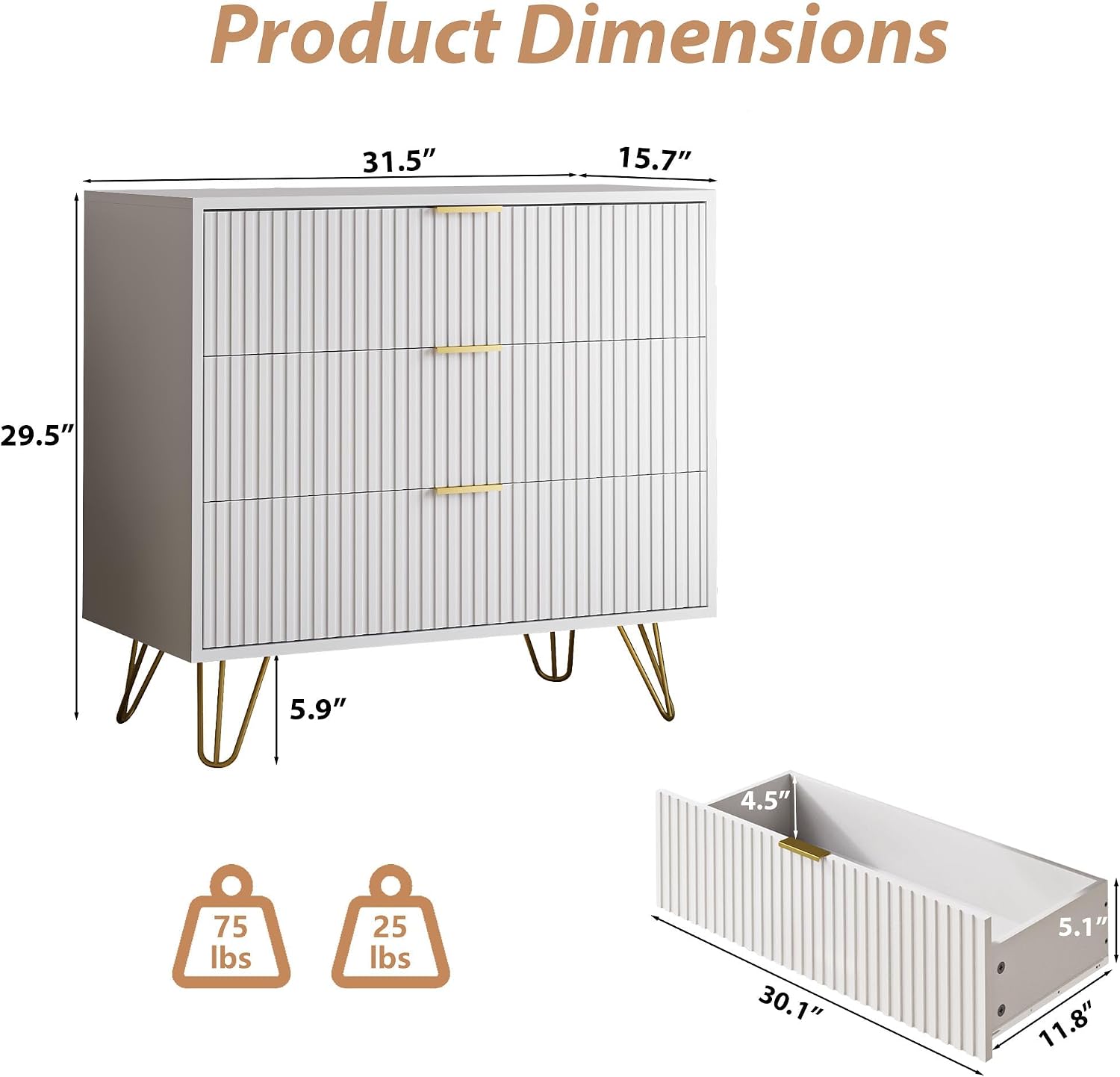 MAISONARIA White 3 Drawer Dresser for Bedroom, Modern Closet Dressers Chest of Drawers, Fluted Dresser Chest Cabinet with Gold Metal Handles, Nightstand for Bedroom, Living Room, Hallway, Entryway