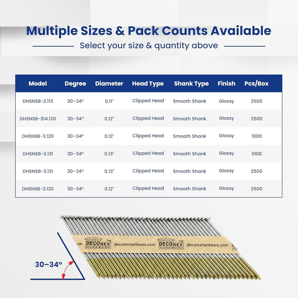 3-1/2 Inch Framing Nails – .131 Smooth Shank Paper Strip Collated, Clipped Head Nails for 30–34° Framing Nail Gun, Bright Coated, 2,500 Count