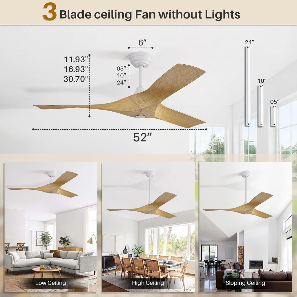 CACI Mall 52 Inch Propeller Ceiling Fan No Light, Remote Control, 6 Speeds Noiseless DC Motor, 3 ABS Blades, Indoor Outdoor Ceiling Fans for Living Room, Bedroom, Patio