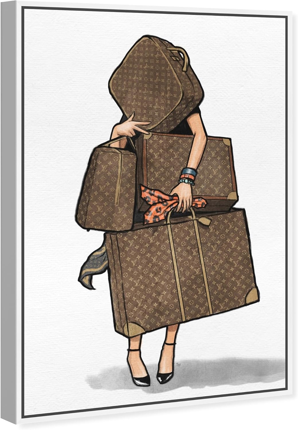 The Oliver Gal Artist Co. Fashion and Glam Modern Canvas Art - Bags, Bags, Bags- Orange, Wall Art for Living Room, Bedroom, and Bathroom, 30 in x 45, White and Brown Home Decor