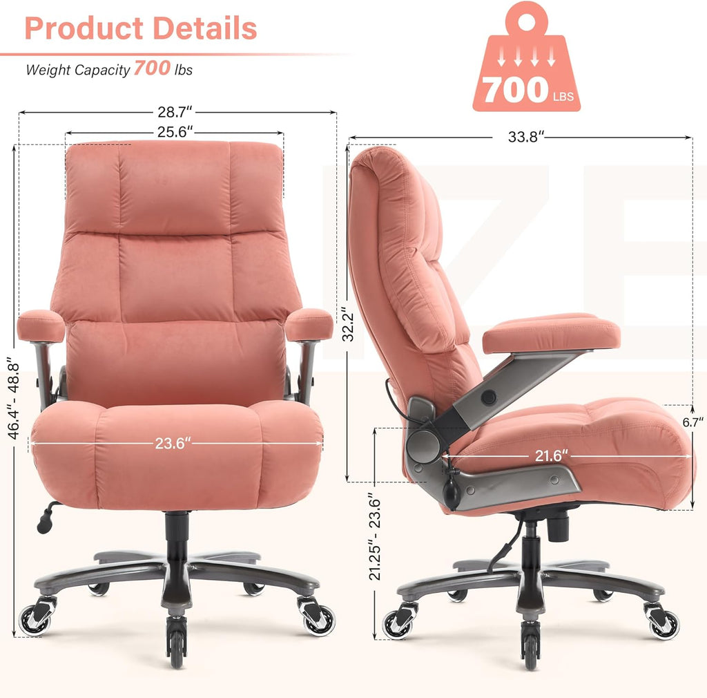 Big and Tall Office Chair 700lbs- Executive Desk Chair with Adjustable Lumbar Support 3D Flip UP Arms- Heavy Duty Quiet Wheels Metal Base Ergonomic Computer Chairs, Pink