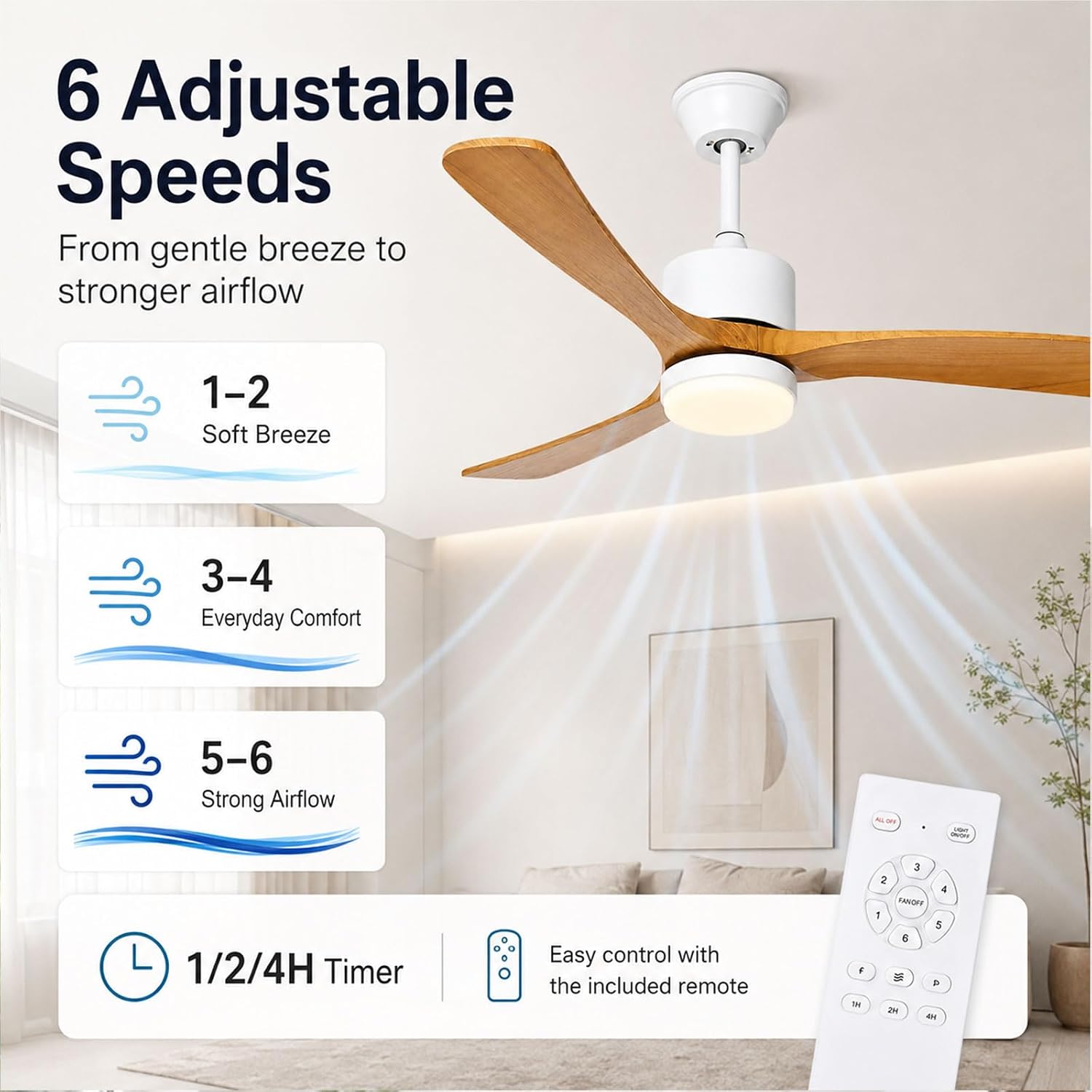 48-Inch Modern Ceiling Fan with LED Light, 6-Speed DC Motor, Remote & Wall Control, Reversible Blades Wood Quiet Ceiling Fans for Bedroom & Living Room