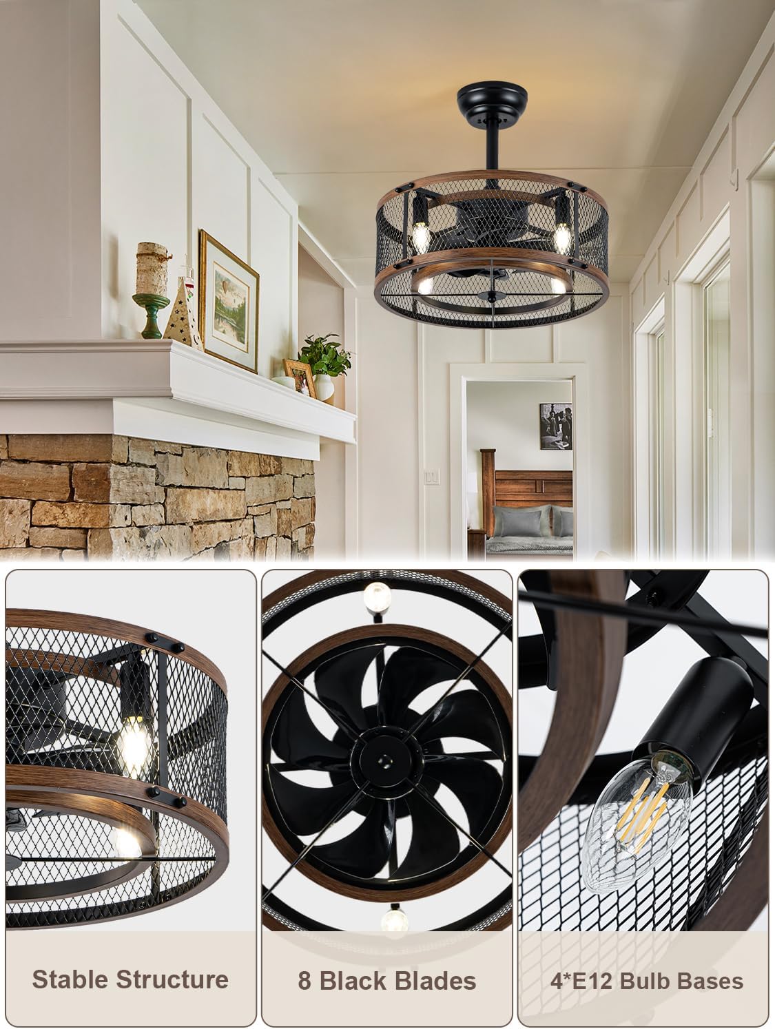 20 Inch Black Farmhouse Caged Ceiling Fan with Light and Remote Control, Retro Industrial Enclosed Rustic Ceiling Fan for Bedroom Living Room