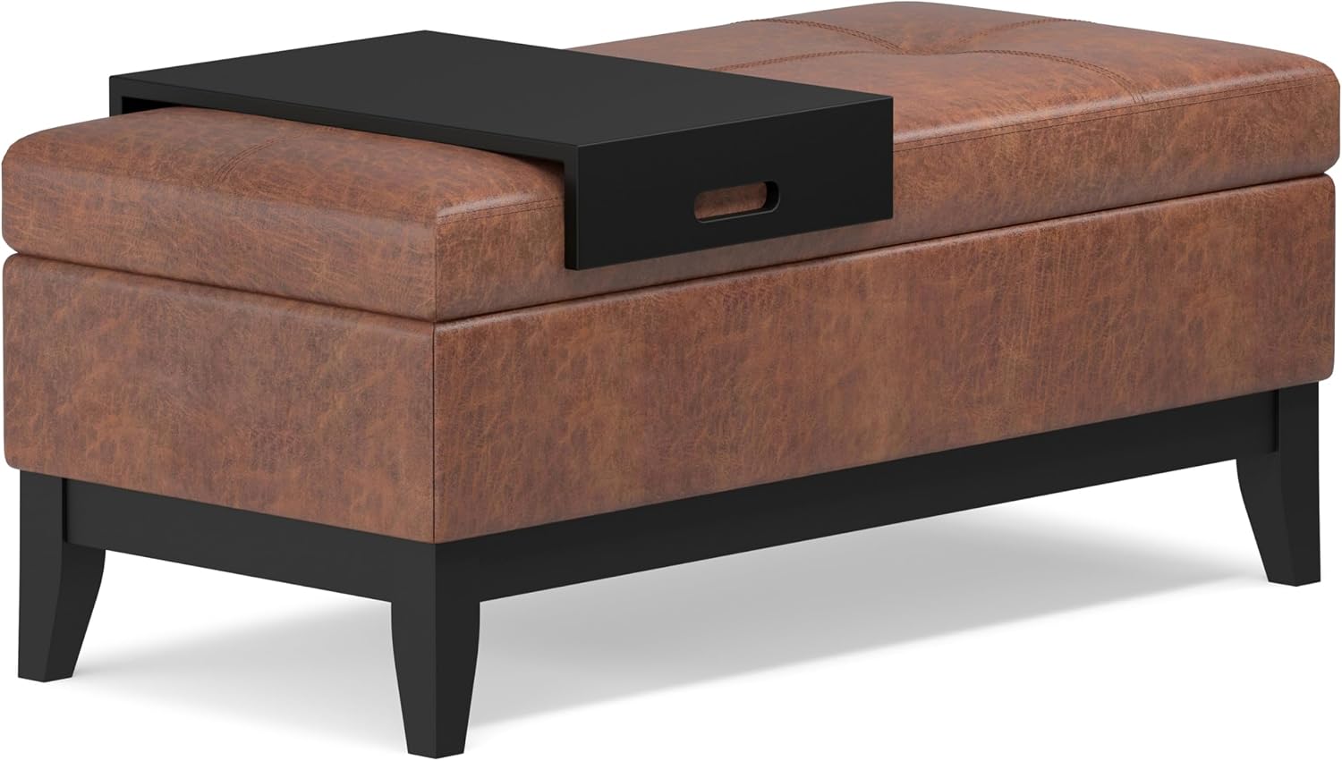 SIMPLIHOME Oregon Storage Ottoman Bench with Tray - 42 inch Wide Vegan Leather Rectangle Storage Ottoman Bench in Distressed Saddle Brown, Transitional Tufted Ottoman for Living Room with Lift-Up Lid
