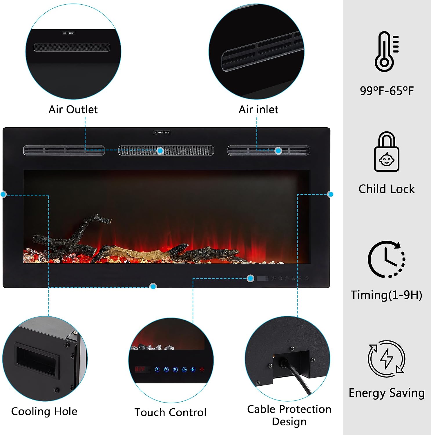 VECELO Fireplace TV Stand for Televisions up to 75' with 3D Flame/13 Colors, Modern Media Entertainment Center Console Table with LED Lights, 3 Tier Transparent Storage Shelves, for Living Room, Black