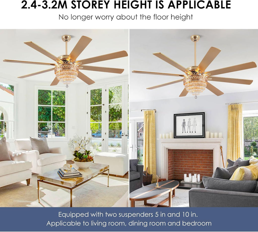 72 Inch Golden Crystal Ceiling Fan Fandelier with Lights,Large Modern Luxury Chandelier Ceiling Fans with Remote Control，Retro/Farmhouse Ceiling Fan with Light Fixture For Dining Room,Living Room