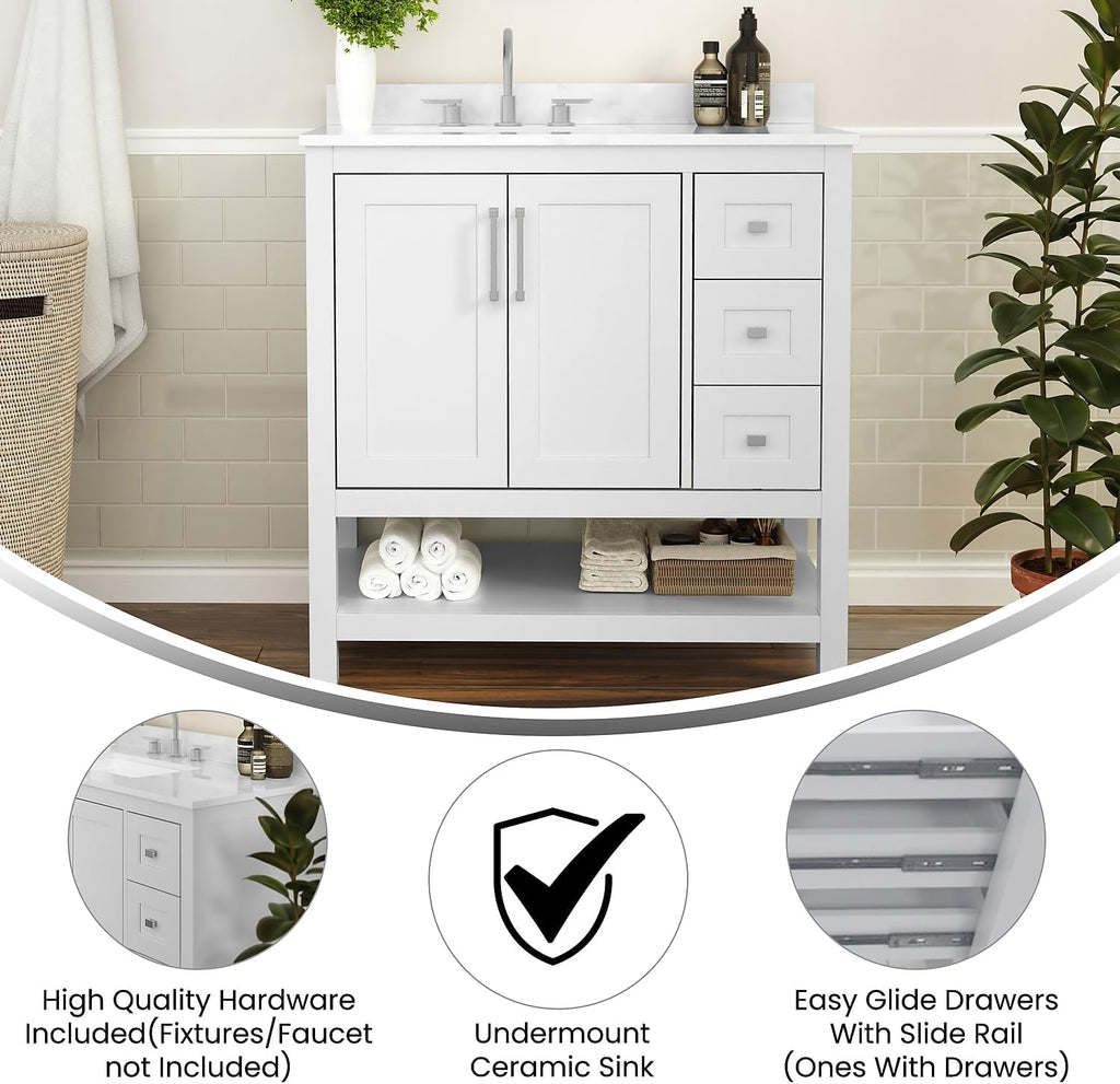 Flash Furniture Vega 36 Inch Bathroom Vanity with Sink, Storage Cabinet with Soft Close Doors, Open Shelf and 3 Drawers, Carrara Marble Finish Countertop, White/White