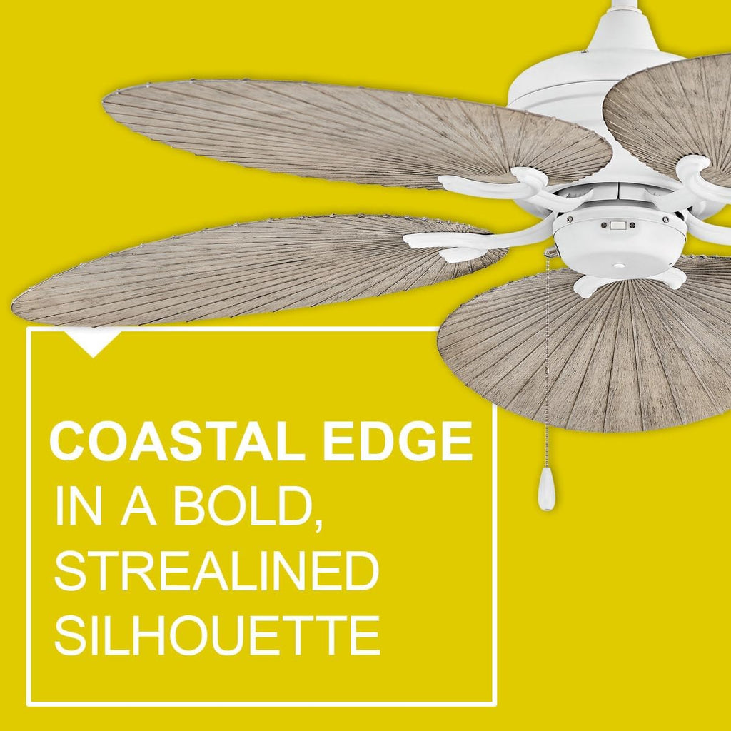 Hinkley Tropic Air 52' Indoor and Outdoor Ceiling Fan, Five Blades, DC 4 Speed Motor, Matte White and Palm-Shaped Weathered Wood Composite Fan Blades