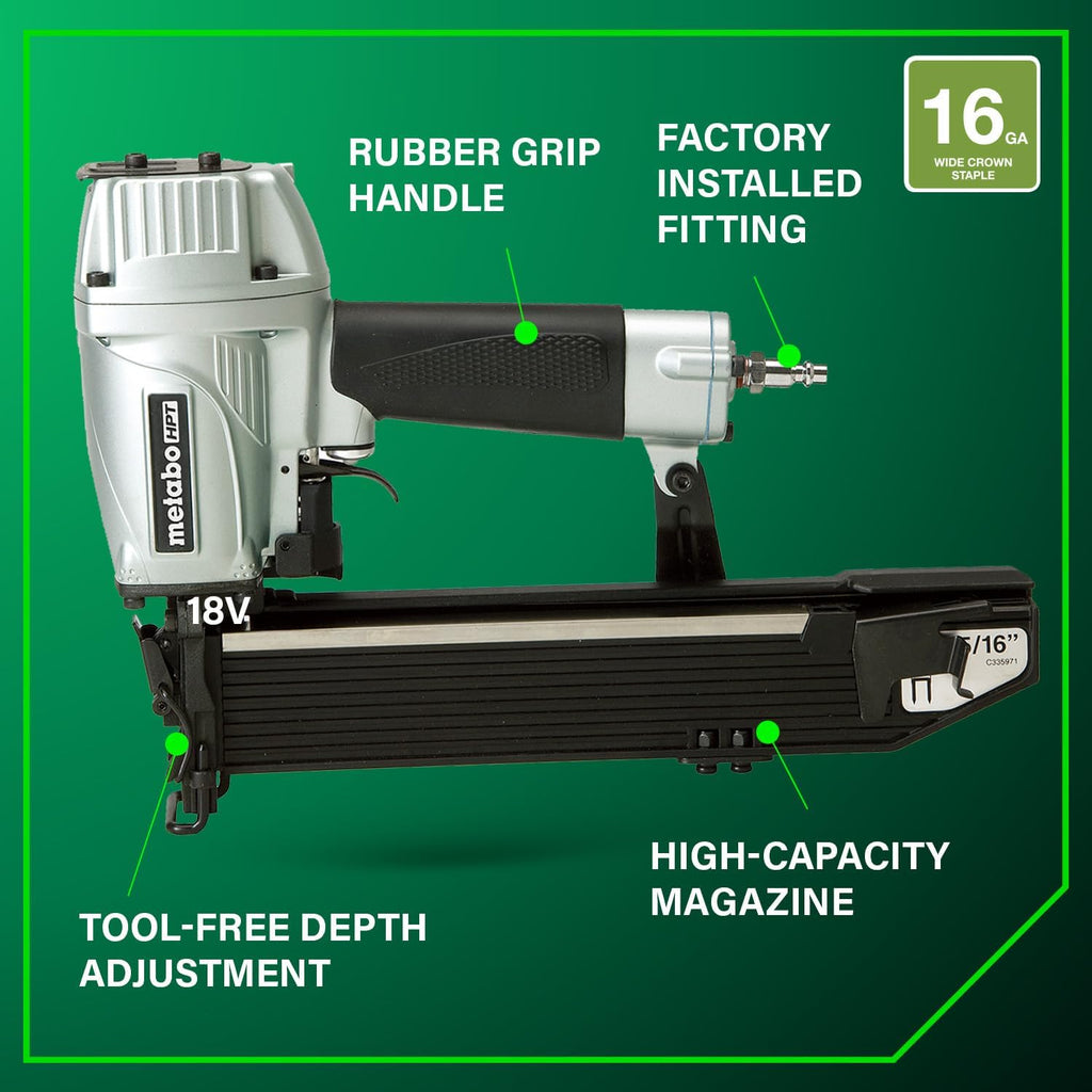 Metabo HPT 15/16 Inch Wide Crown Stapler, Pro-preferred Pneumatic Power Nailers, Fastening Tool for Wire Lathing, Housewrap, Roofing & Insulation, 16 Gauge, 5/8'to 2' Crown Staples, N5021A