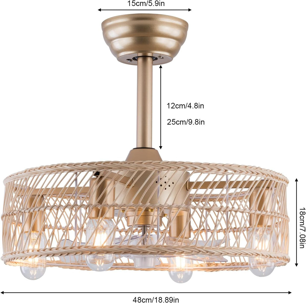 OUKANING Bamboo Art Caged Ceiling Fan with Light, Fandelier with Remote Control & Noiseless 35db - Farmhouse Rustic Bladeless Ceiling Fans Chandelier Retro Lighting Fixture