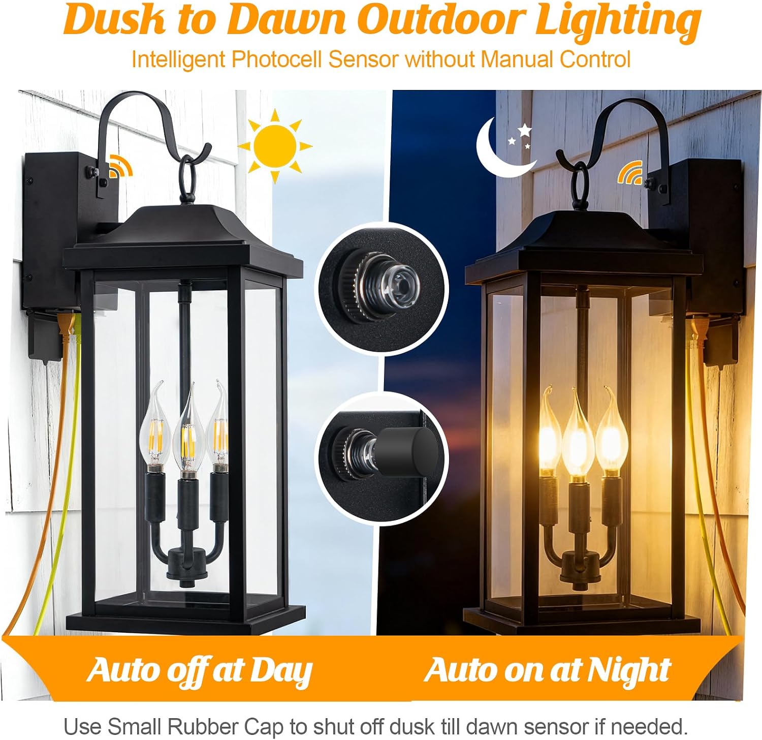 23 Inch GFCI Outlet Dusk to Dawn Outdoor Light for House, Photocell Exterior Lighting Fixture with Receptacles Extra Large Porch Light with Plug Matte Black Outdoor Wall Sconce Light Garage