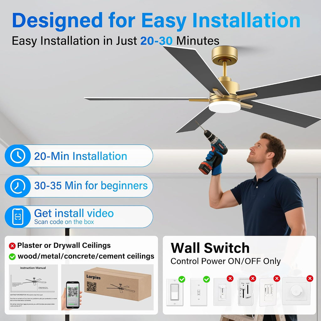 60 Inch Smart Ceiling Fan with Lights Remote,Control via Voice Alexa Google App Wifi,Silent DC Motor,Dimmable,Outdoor Indoor Modern Ceiling Fans for Large Bedroom Living Room Patio,Gold White Black