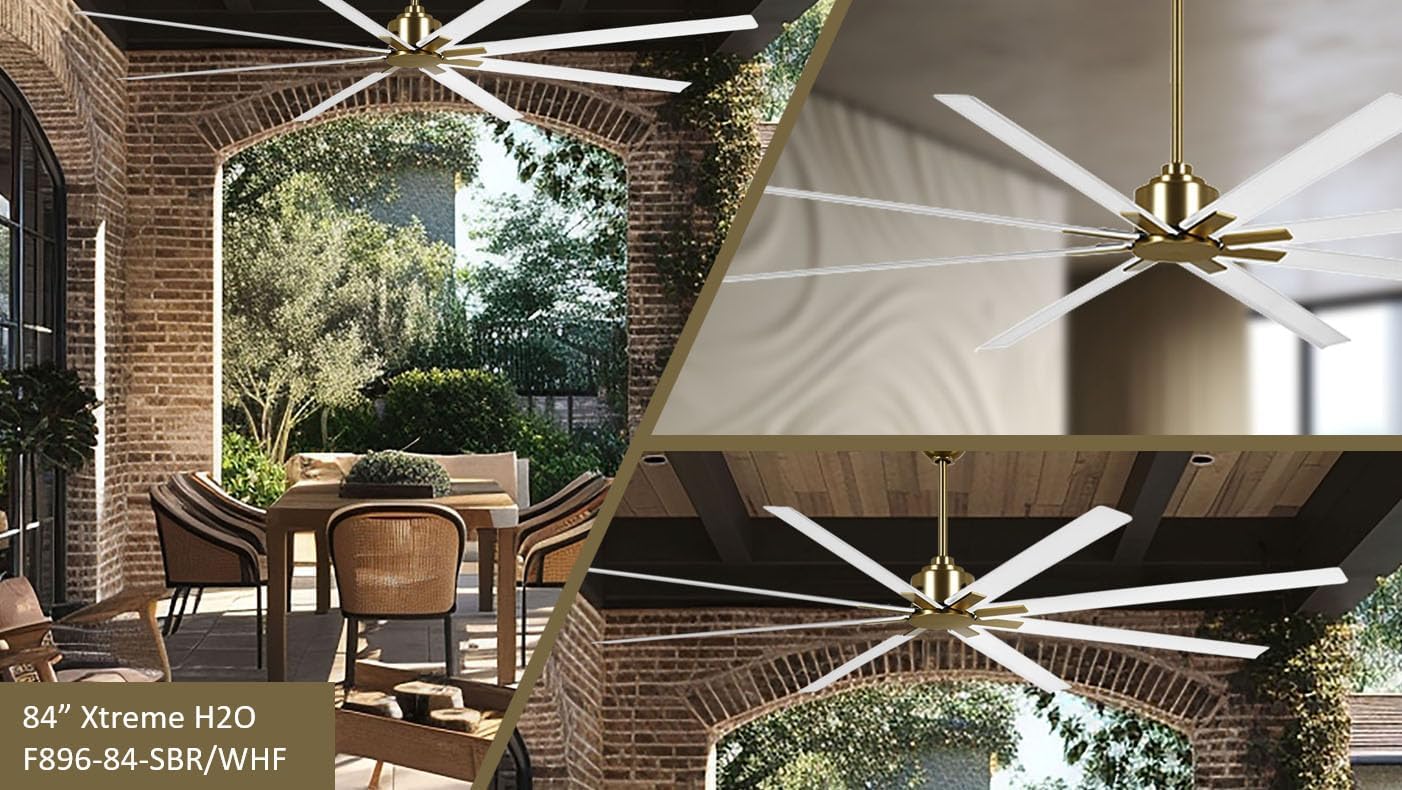 MINKA-AIRE F896-84-SBR/WHF Xtreme H2O 84 Inch DC Motor Outdoor Ceiling Fan with Remote Control in Soft Brass Finish with Flat White Blades