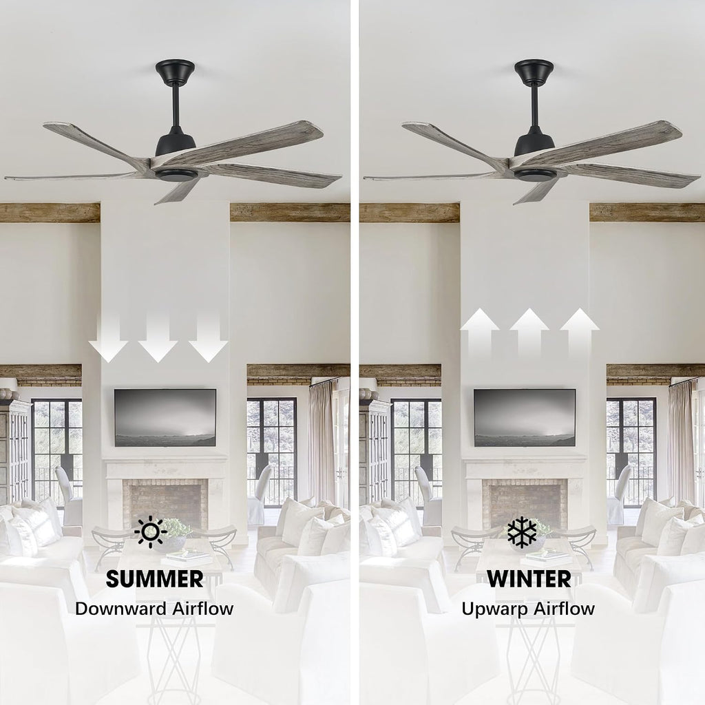 60 Inch Solid Wood Ceiling Fan No Lights, Remote and APP Control, DC Motor, 6-speed Reversible, for Bedroom, Living Room, Office, Outdoor Ceiling Fans, Greywood
