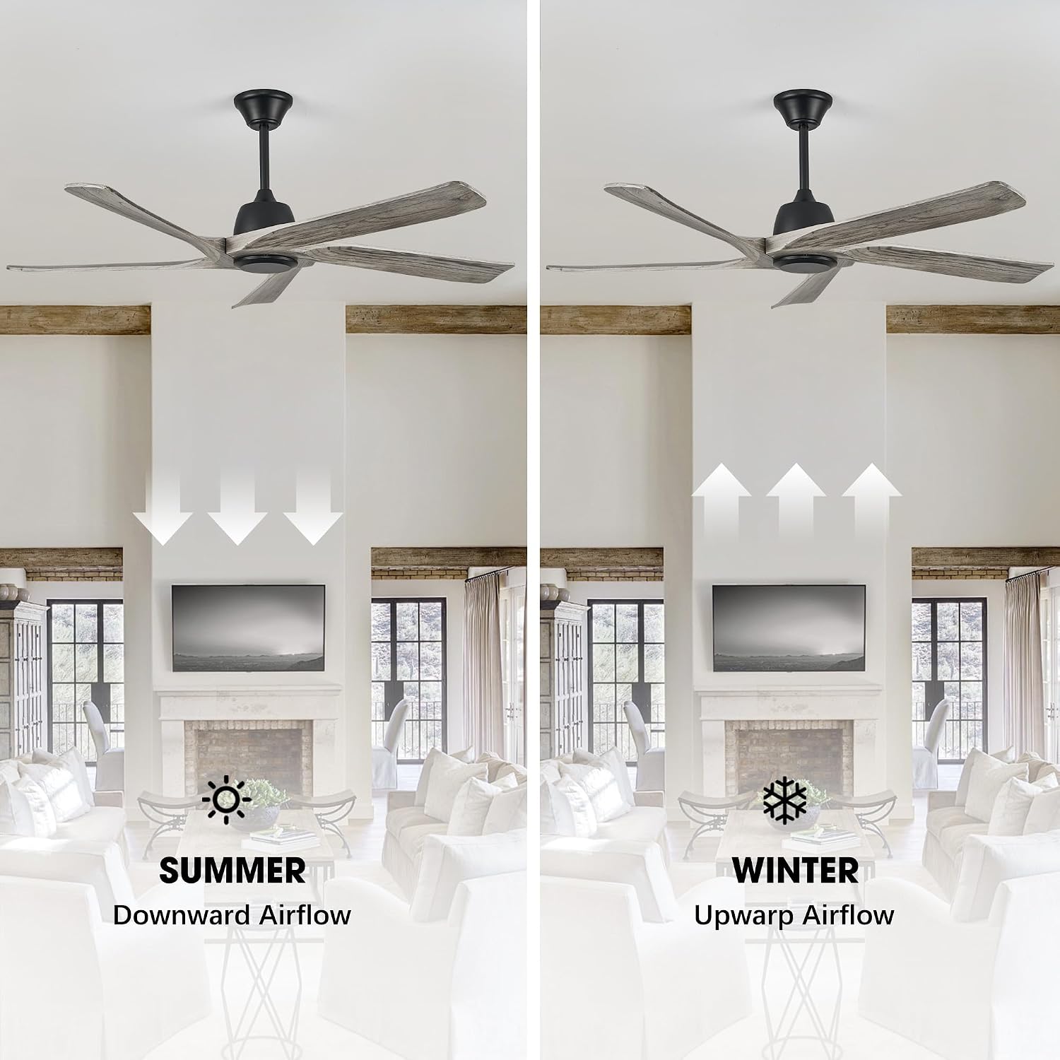 60 Inch Solid Wood Ceiling Fan No Lights, Remote and APP Control, DC Motor, 6-speed Reversible, for Bedroom, Living Room, Office, Outdoor Ceiling Fans, Greywood