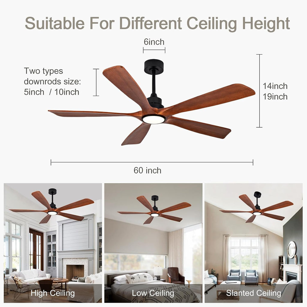 ZVL 60 Inch Ceiling Fans with Lights and Remote,5 Blade Ceiling Fan with Light,Modern Ceiling Fan,3CCT Dimmable,Timer,Quiet DC Motor,6 Speed,Wood Ceiling Fan for Offices Farmhouse Gazebo Patio