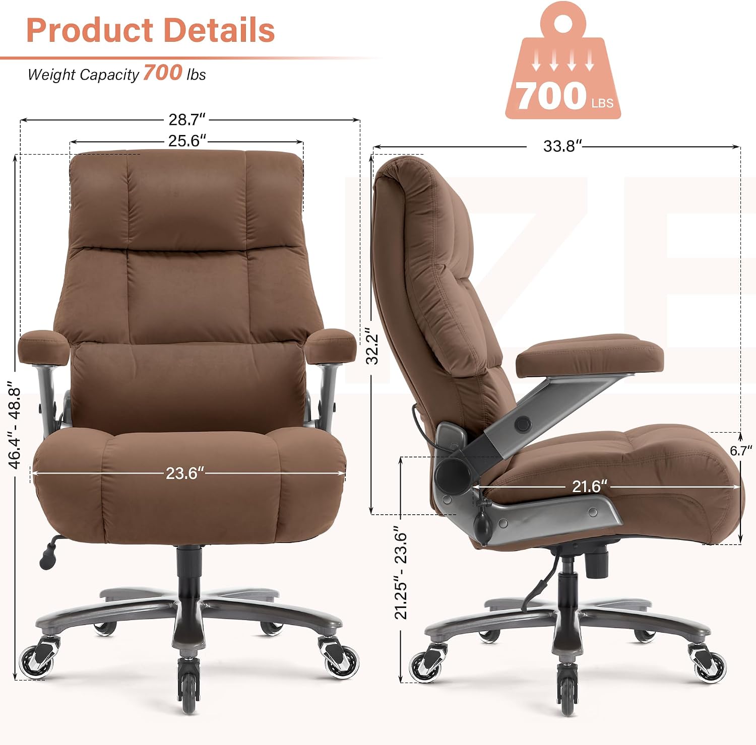 Big and Tall Office Chair 700lbs- Fabric Executive Desk Chair with Adjustable Lumbar Support 3D Flip UP Arms- Heavy Duty Quiet Wheels Metal Base Ultra-Soft Upholstered Ergonomic Computer Chairs, Brown