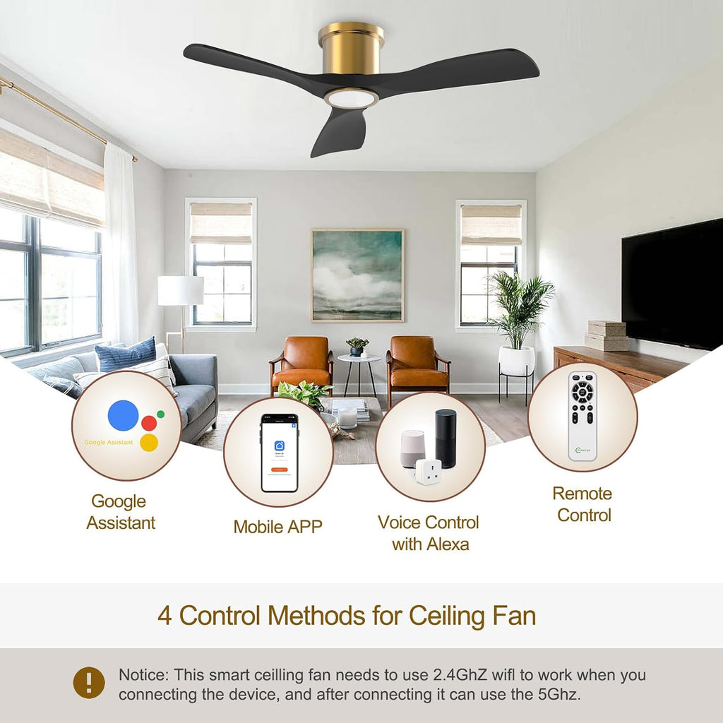 OFANTOP 52 Inch Smart Ceiling Fan with Light and Remote, Indoor 3 Blade Black Gold Flush Mount Modern Ceiling Fan for Bedroom Living Room