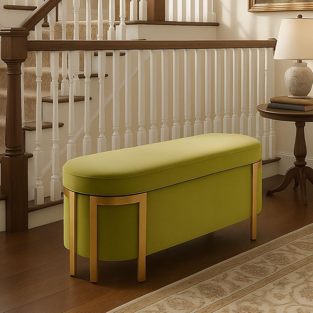Hyfirm 48' Velvet Storage Ottoman Bench, Olive Green Upholstered End of Bed Bench with Gold Legs, Long Bedroom Bench with Hidden Storage for Living Room, Entryway, Hallway