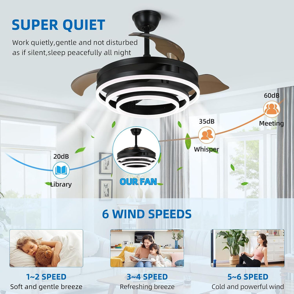 Retractable Ceiling Fan with Lights and Remote/APP Control,Dimmable,Timer Setting,6 Speed,42 Inch Modern Chandelier Ceiling Fan for Bedroom/Living Room/Kitchen/Kis Room/Patio