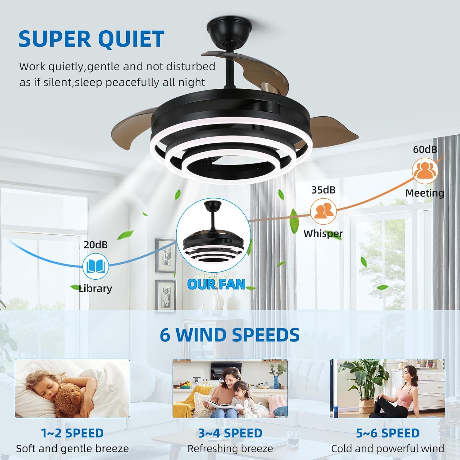 Retractable Ceiling Fan with Lights and Remote/APP Control,Dimmable,Timer Setting,6 Speed,42 Inch Modern Chandelier Ceiling Fan for Bedroom/Living Room/Kitchen/Kis Room/Patio