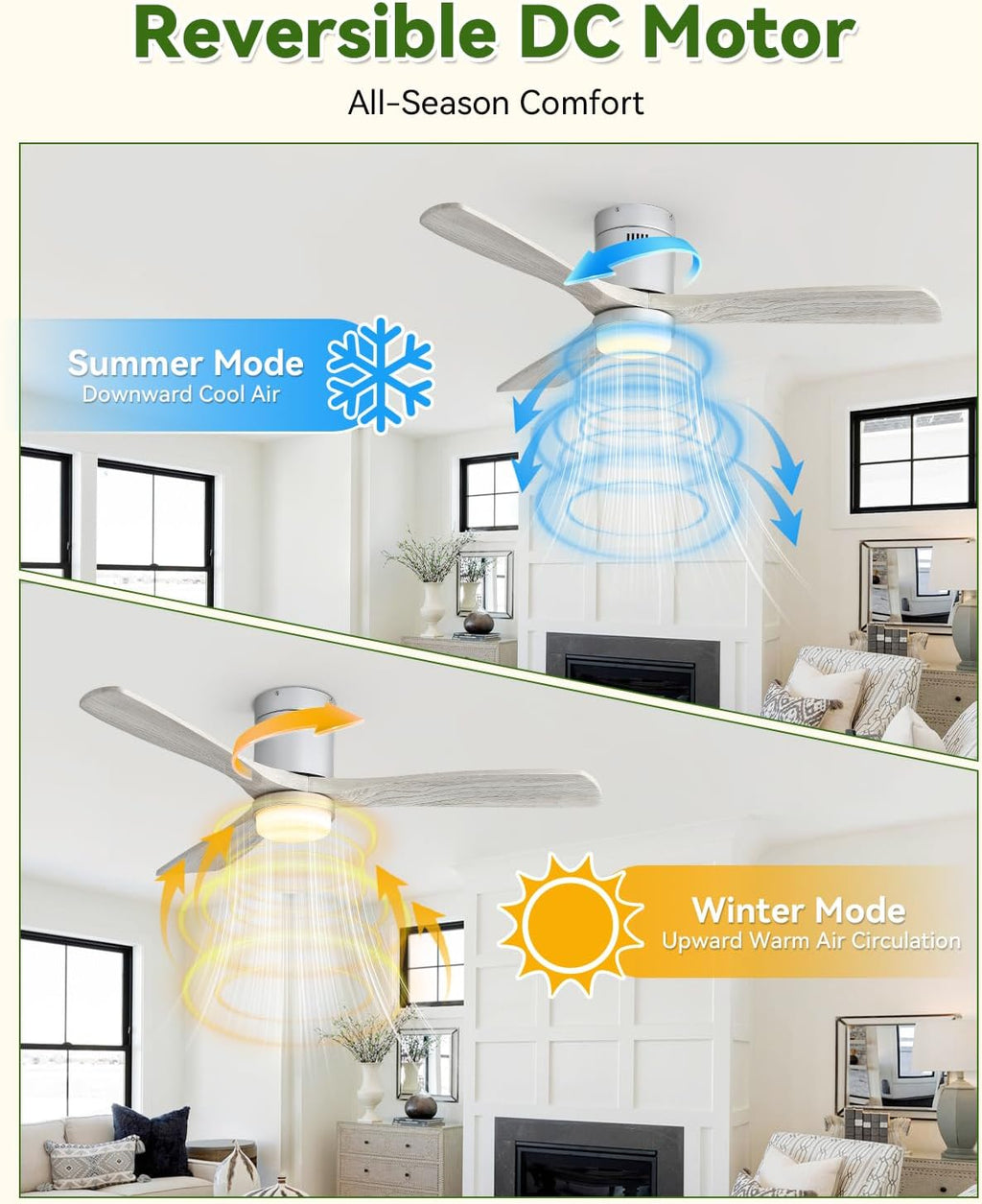 Sofucor 52' Solid Wood Low Profile Ceiling Fan with Light, Outdoor Ceiling Fan with Light and Remote, works with Alexa/Google/App 3-Color 6-Speed Noiseless Reversible DC Motor for Bedroom Living Room