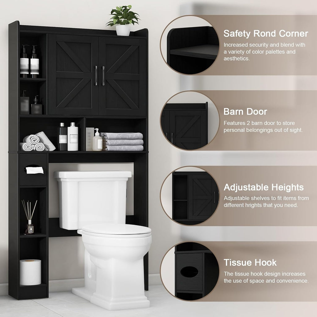 Vabches Over The Toilet Storage Cabinet, Farmhouse Storage Cabinet Over Toilet with 2 Barn Door & Toilet Paper Holder Stand, Home Space-Saving Toilet Rack, for Bathroom, Restroom (Black)
