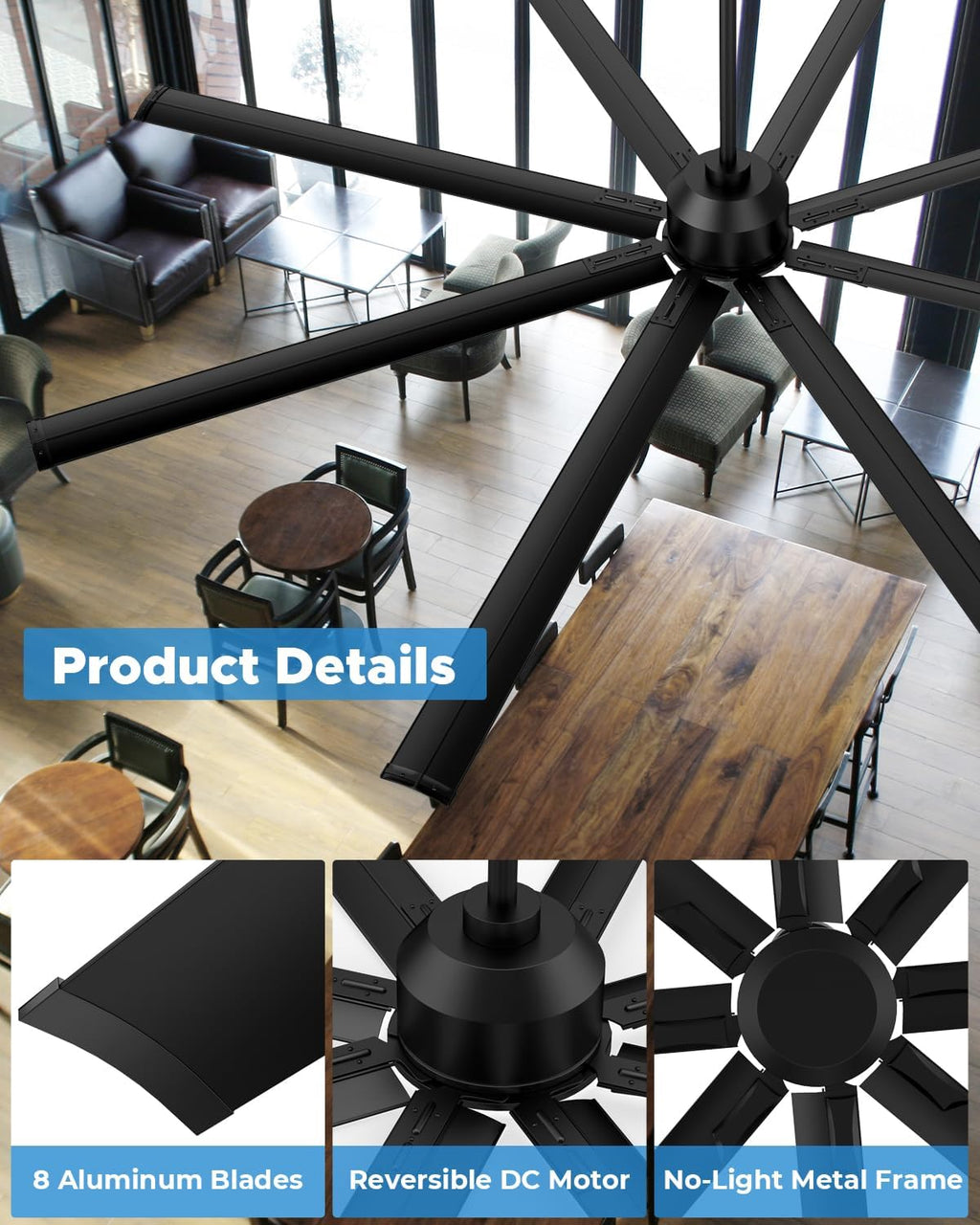 96 Inch Industrial Ceiling Fan, Large Commercial HVLS Shop Ceiling Fan for Garage Patio Gym, Big Assed Ceiling Fans with 8 Metal Blades, Quiet Reversible DC Motor, Remote Control, 6 Speeds(Black)