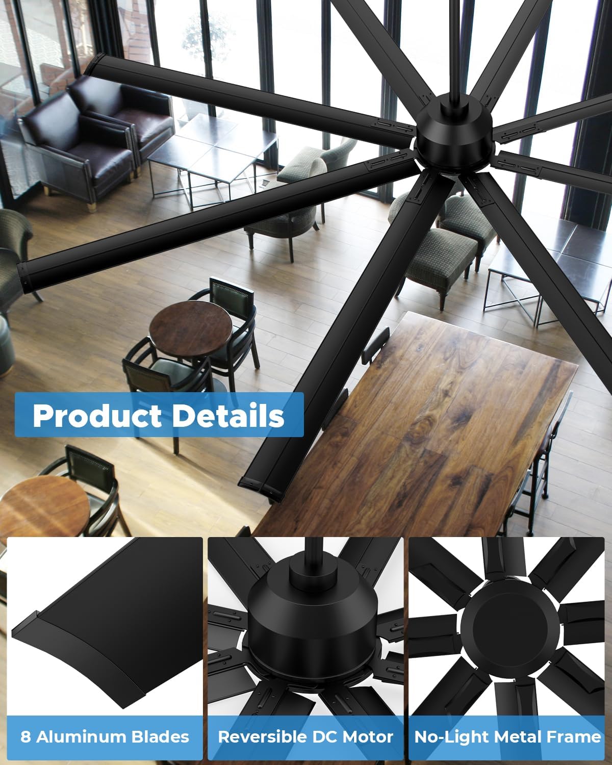 96 Inch Industrial Ceiling Fan, Large Commercial HVLS Shop Ceiling Fan for Garage Patio Gym, Big Assed Ceiling Fans with 8 Metal Blades, Quiet Reversible DC Motor, Remote Control, 6 Speeds(Black)