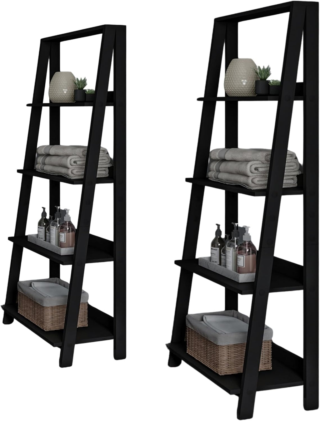 Lavish Home 4-Tier Ladder Shelf – Set of 2 Modern Freestanding Bookcases with Leaning Design for Storage & Display in Living Room, Bathroom, Kitchen or Home Office (Black)