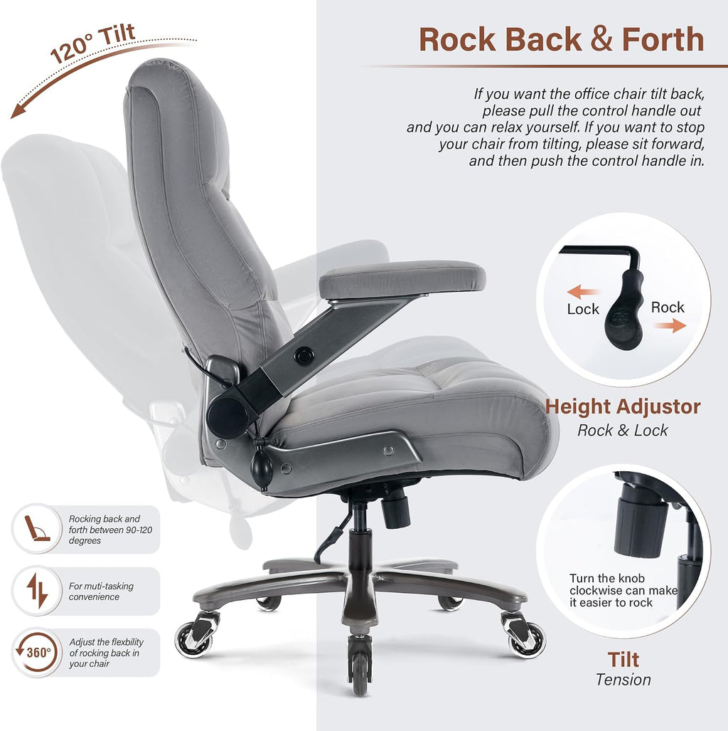 Big and Tall Office Chair 700lbs- Fabric Executive Desk Chair with Adjustable Lumbar Support 3D Flip UP Arms- Heavy Duty Quiet Wheels Metal Base Ultra-Soft Upholstered Ergonomic Computer Chairs, Grey