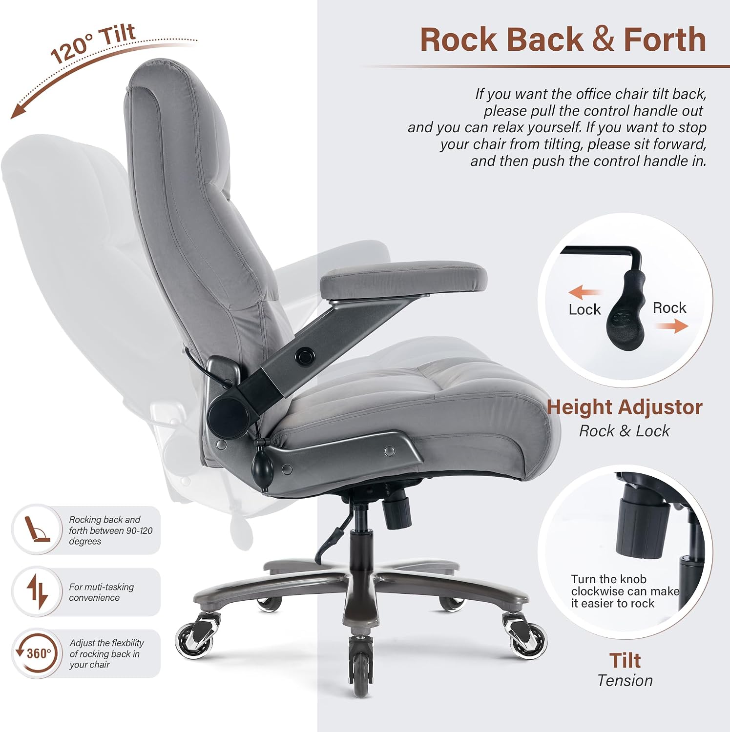 Big and Tall Office Chair 700lbs- Fabric Executive Desk Chair with Adjustable Lumbar Support 3D Flip UP Arms- Heavy Duty Quiet Wheels Metal Base Ultra-Soft Upholstered Ergonomic Computer Chairs, Grey
