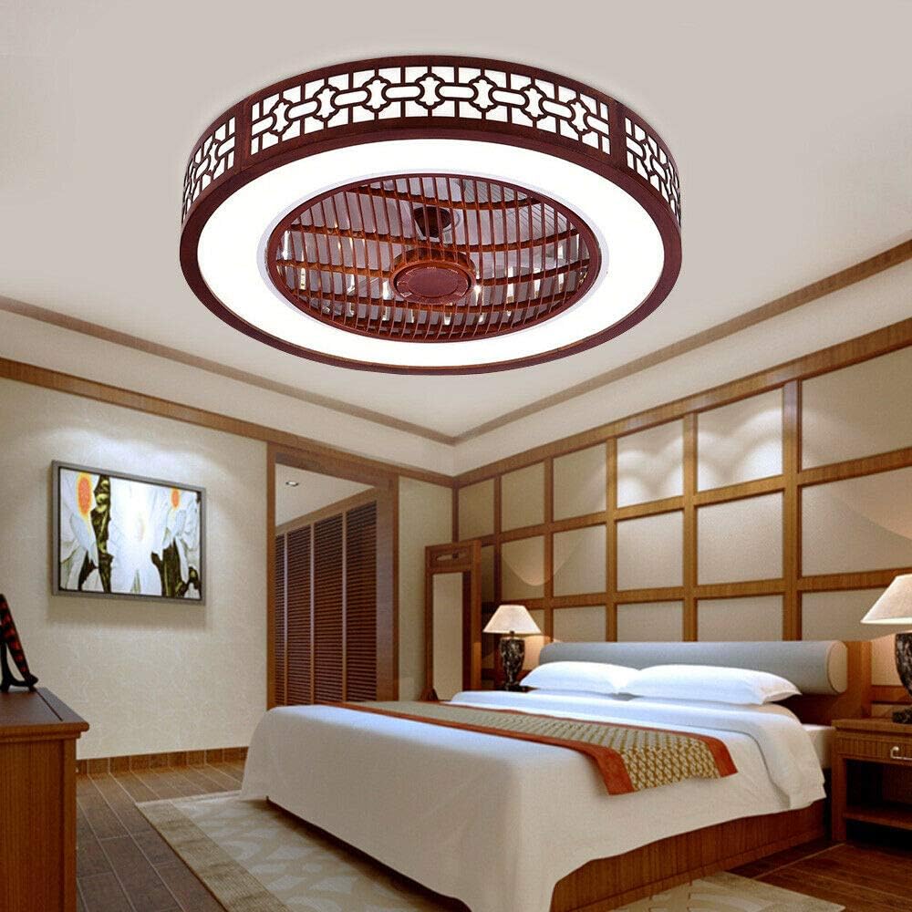 22' Round Wood Ceiling Fan with Lights, Red Retro Cutout LED Remote Control 3 Colors Lighting Modes, Acrylic Blades Metal Shell Semi Flush Mount Low Profile Lamp Home Dining Room Indoor