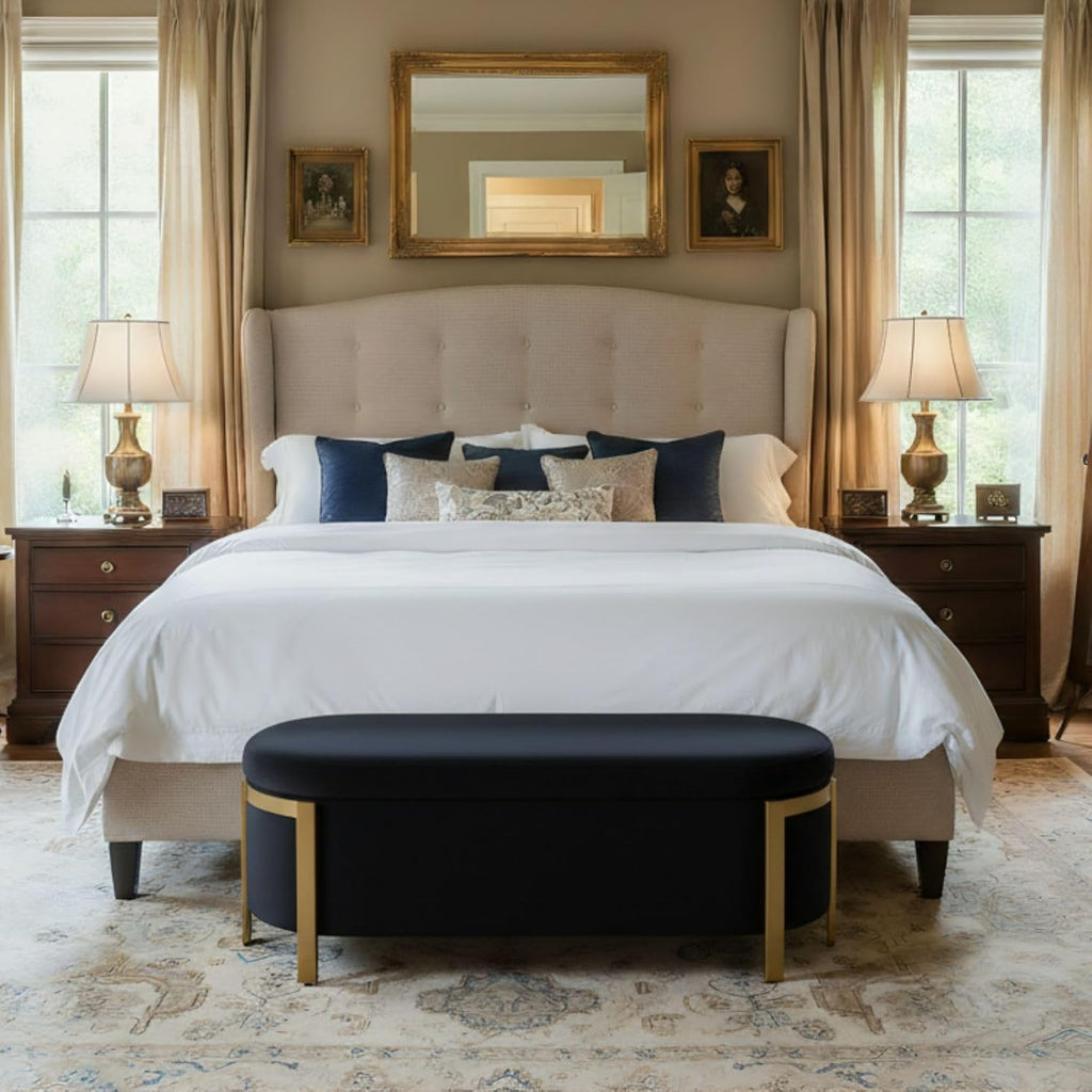 Hyfirm 48' Black and Gold Velvet Storage Ottoman Bench – Oval Upholstered Stool with Padded Seat, Long Settee for Bedroom, Living Room, End of Bed, Entryway, Hallway