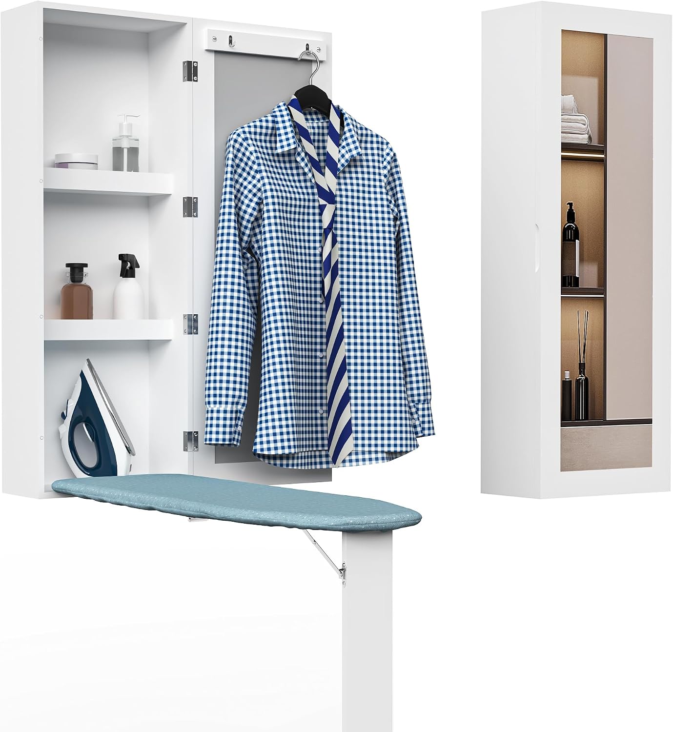 Wall Mounted Ironing Board with Storage Cabinet,Built in Ironing Board & Folding Support Leg, Wall-Mounted Mirrors for Home, Apartment & Small Spaces