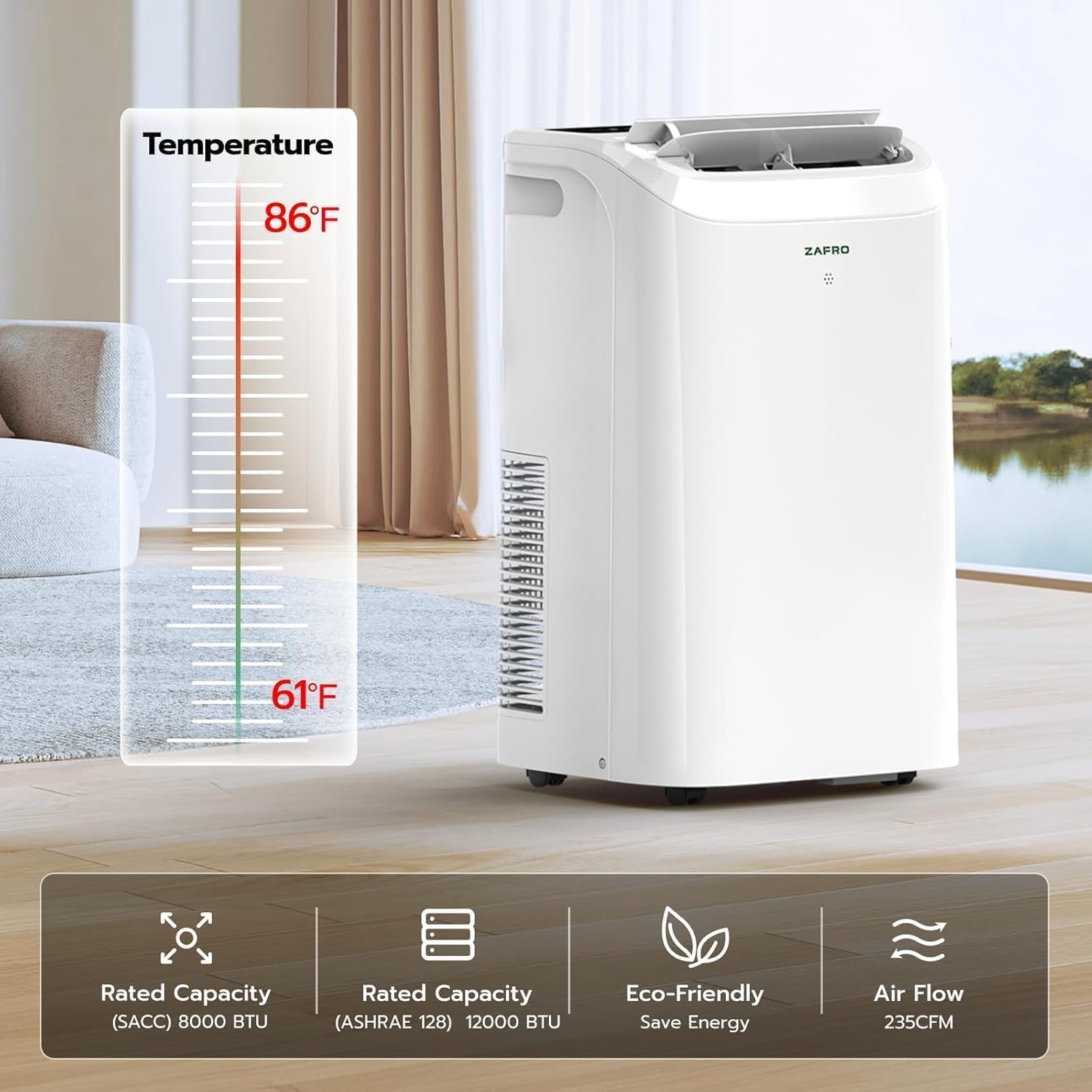 ZAFRO Portable Air Conditioner, 12000 BTU (8000 BTU SACC), Cools Rooms up to 500 Sq.Ft, Smart Portable AC Unit with Ultra-Quiet (44dB), Drainage-Free Cooling, Energy-Efficient, Easy Installation