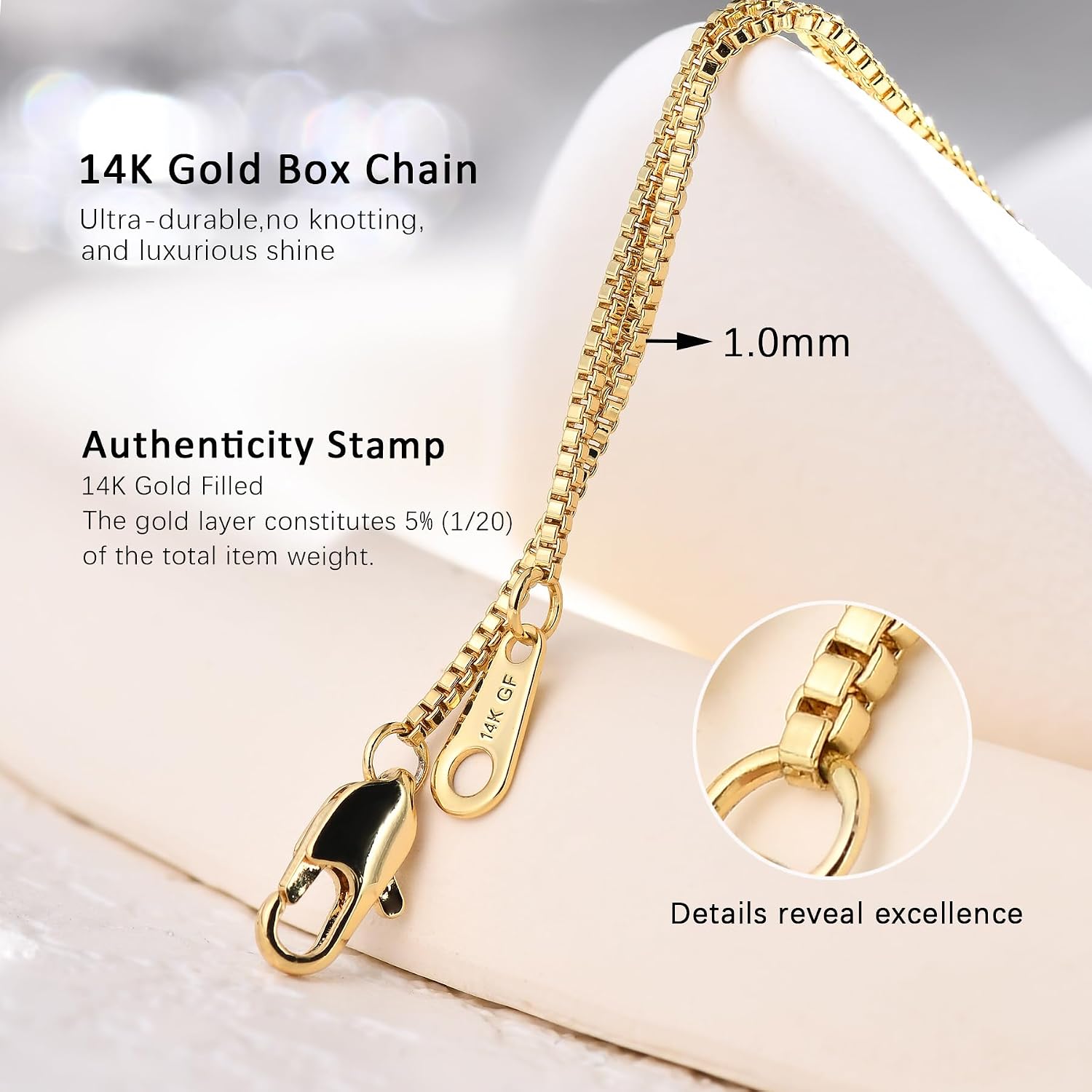 1mm Gold Box Chain Necklace 14K Gold Cable Link Chains for Women and Men Dainty Non-tarnish Necklaces Unisex Gold Jewelry Gifts Sweat Proof and Fade Resistant Lifetime Quality